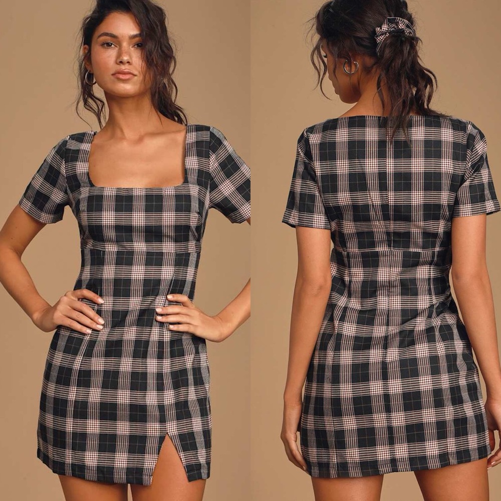 Lulus | Extra Credit Black and Red Plaid Short Sleeve Mini Dress